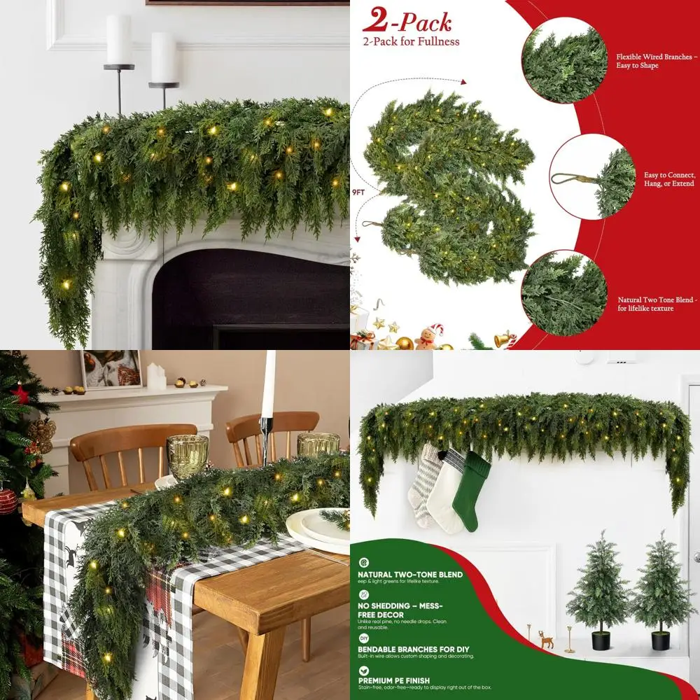 

Pre-lit Christmas Cedar Garland with 100 Lights, 9 Feet Long, Full 240 Pine Branches, Realistic Artificial Greenery for Fireplac