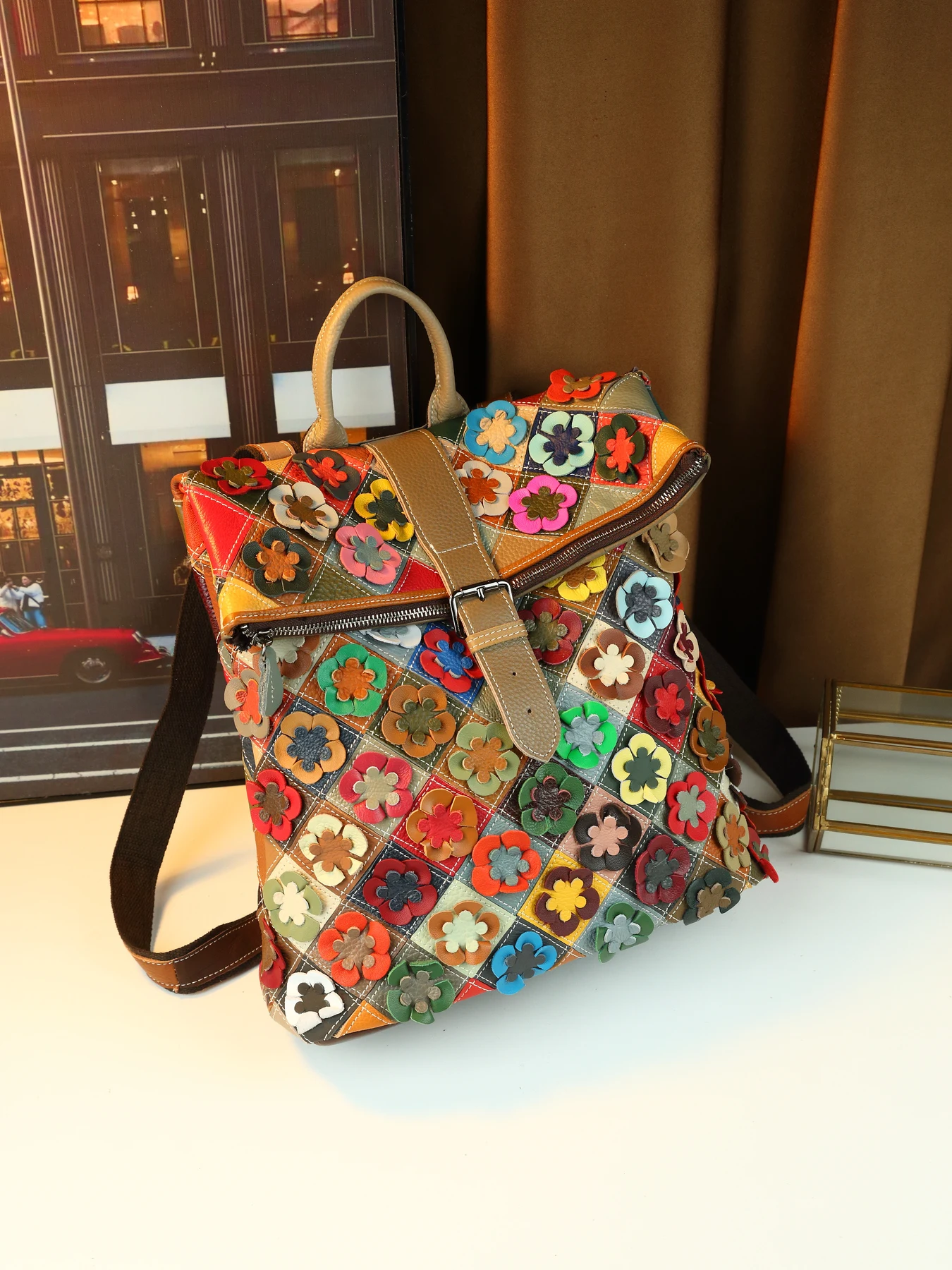 Hot-selling fashionable new cowhide colorful block applique backpack women's travel large-capacity bag