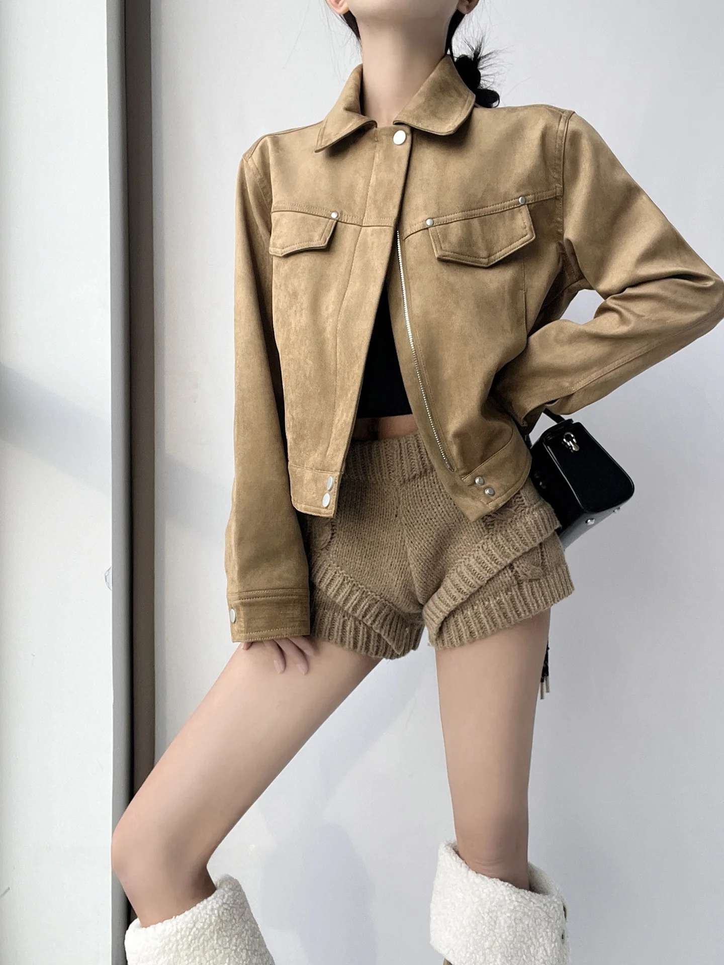MianCun Korean Style Short Suede Jacket Zipper Long Sleeve Turn-down Collar Retro Coat for Small Women Thickened Autumn Winter