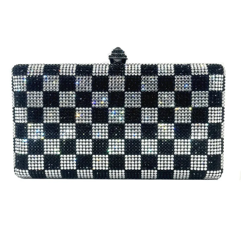

2025 Luxury Women's Evening Bag Diamond Black and White Plaid Colorblock Wedding Christmas Gift Rhinestone Banquet Clutch Bag
