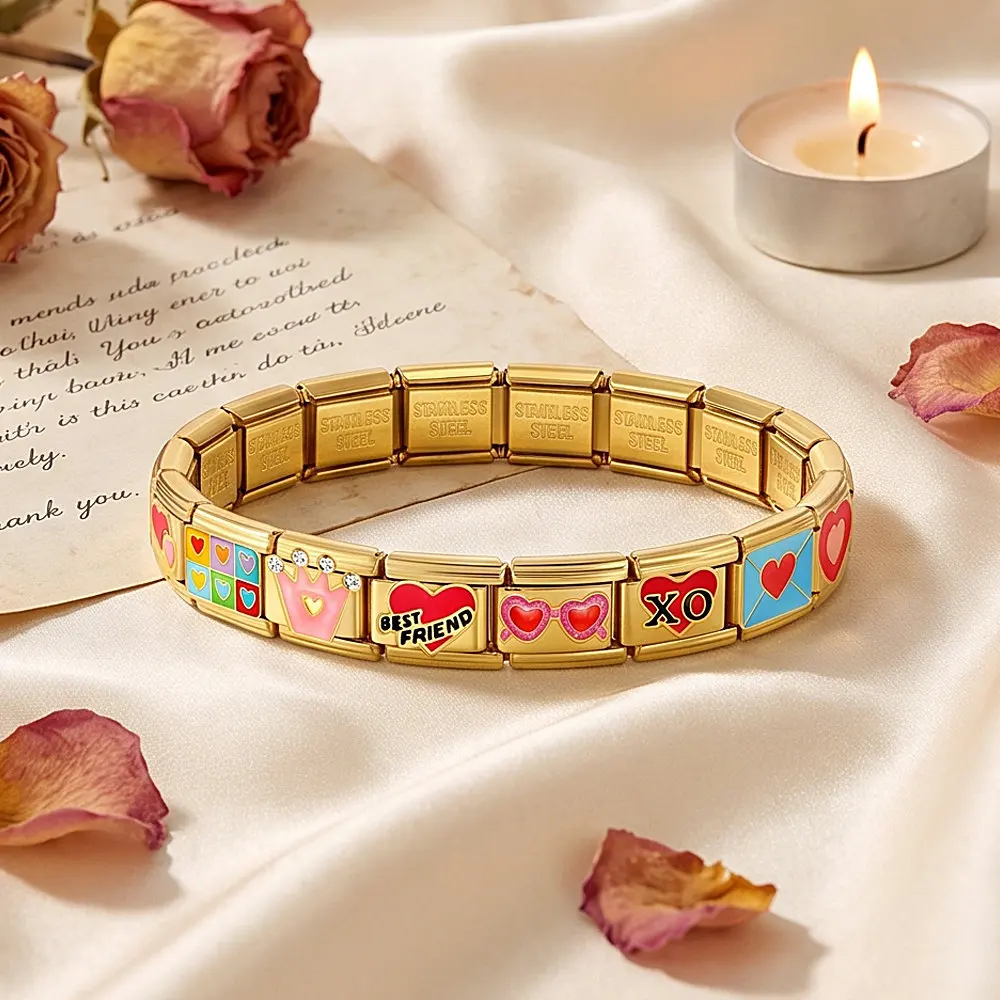 9 mm goldfarben beschichtete italienische Charm-Perlen mit Herz-, Kronen- und Unendlichkeitssymbolen, Edelstahl-Gliederarmband, DIY-Schmuckherstellung für Damen – Detail 4