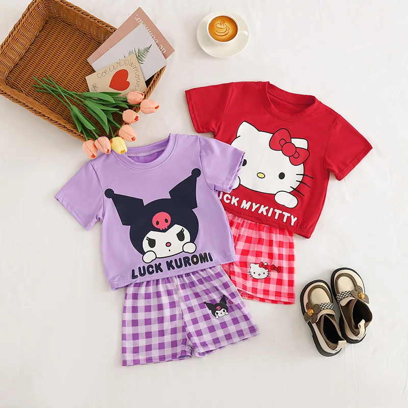 Conjunto de camiseta y pantalones cortos de manga corta para niños, conjunto de dos piezas, Anime, Sanrio, Hello Kitty, Cinnamoroll, Kuromi, suelto, regalo, nuevo, Verano