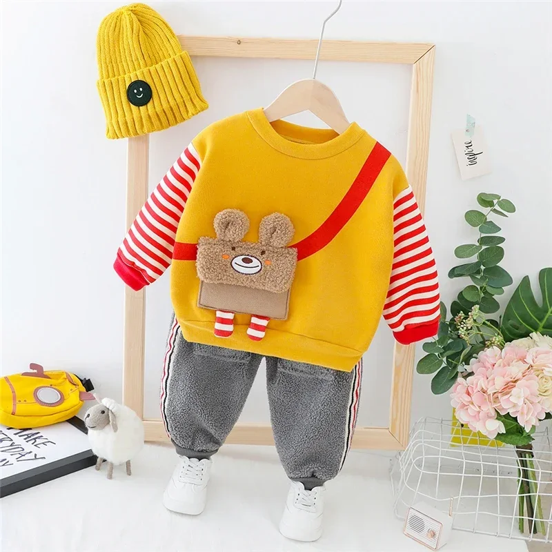 

Girls Boys Clothing Sets Autumn Winter Children Plush Sweater Jeans Infant Clothes Kids Outfits Cartoon Baby Casual Sportswear