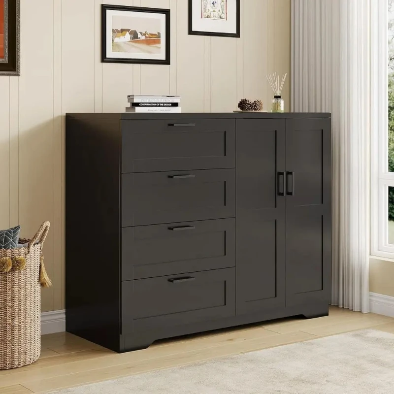 

43.3 Modern Black Wardrobe with 4 Drawers, Hanging Rod, and Storage for Bedroom