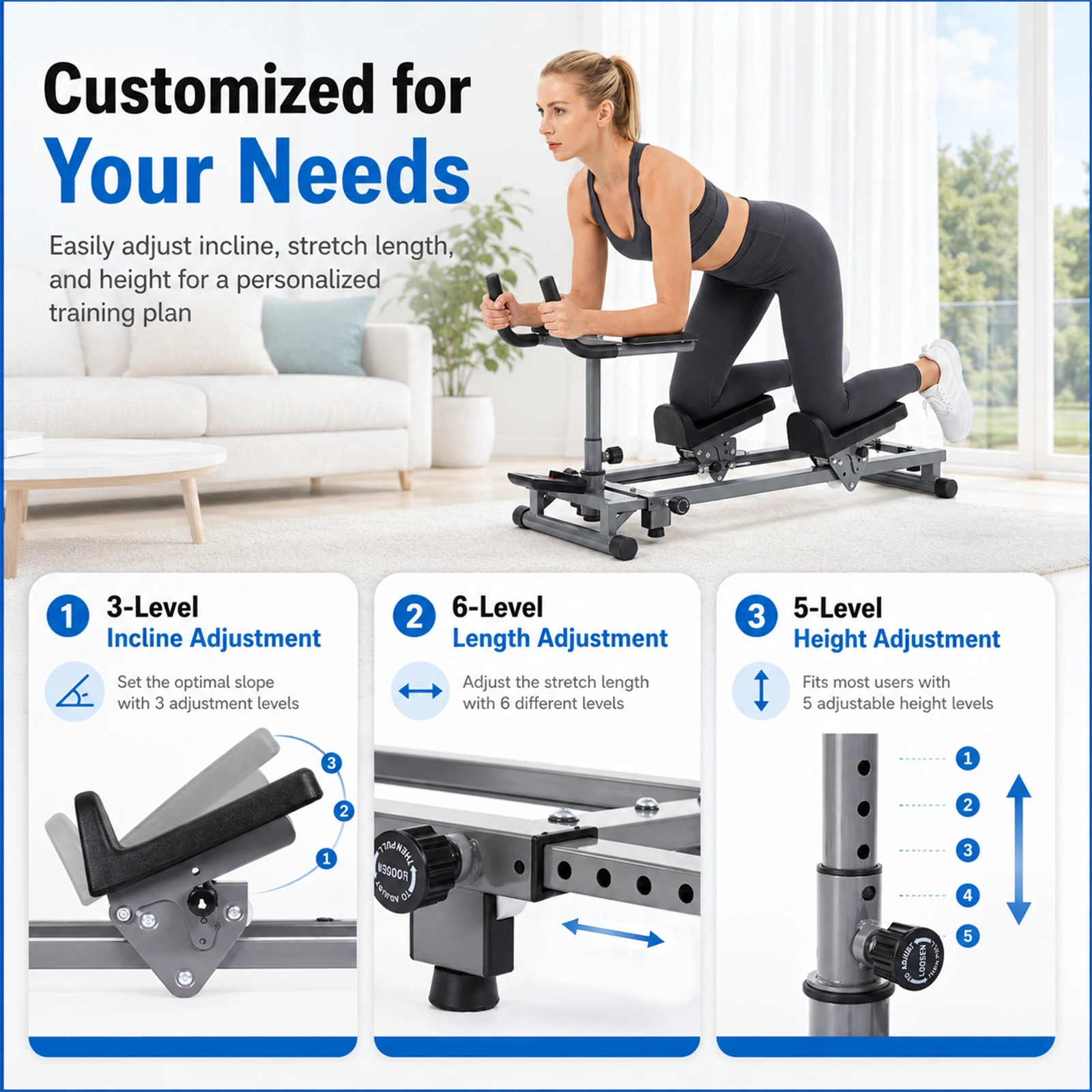 Back Stretcher and Crawling Trainer, Adjustable Height and Length with Step Counter, for Core Strengthening and Cardio Workout, Sturdy Home Gym Equipment for Office Studio Use, Anti-Slip Padded Handrails for Safe Exercise