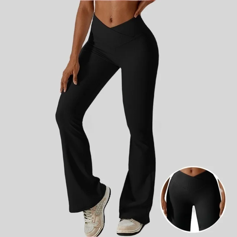 High Waist Yoga Pants for Women Tummy Control Cross V Waist Flared Work out Leggings Butt Lifting Running Sports Sweatpants