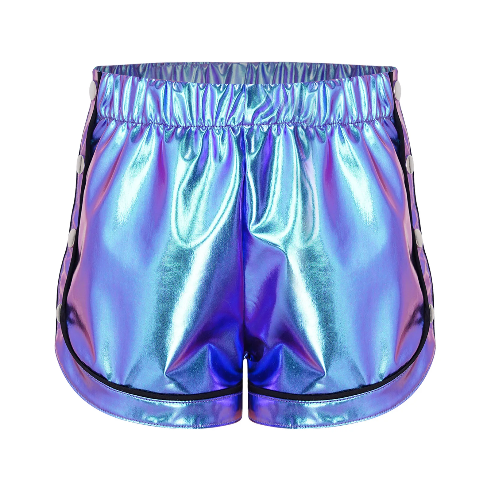 

Girls Metallic Street Dance Shorts Contrast Trim Elastic Waistband Side Press Button Split for Hip Hop Dance Sports Performance