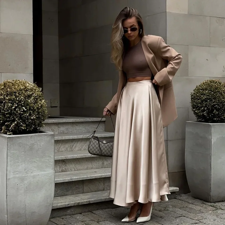 2026 Summer New High Waist Satin Sateen Long Skirt Temperament Elegant Large Skirt Swing Khaki White Black Optional