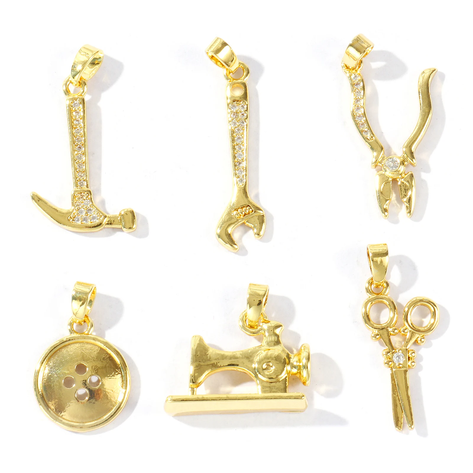 2pcs Brass Charm 18K Gold Plated Hammer Button Shaped Micro Pave Clear Cubic Zirconia Pendants DIY Necklace Jewelry Findings