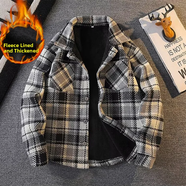 Men's Plaid Flannel Shirt Thickened Fleece Lined Casual Woolen Jacket Autumn Winter Warm Outerwear Youth Fashion Classic Style