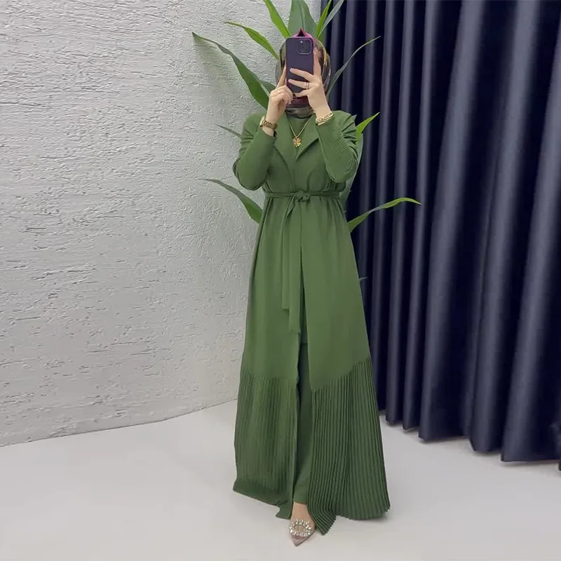 Modisches, lässiges Bankettkleid mit großem Saum, hohe Taille, plissiert, neues einfarbiges Kleid, Rundhalsausschnitt, langärmeliges Kleid