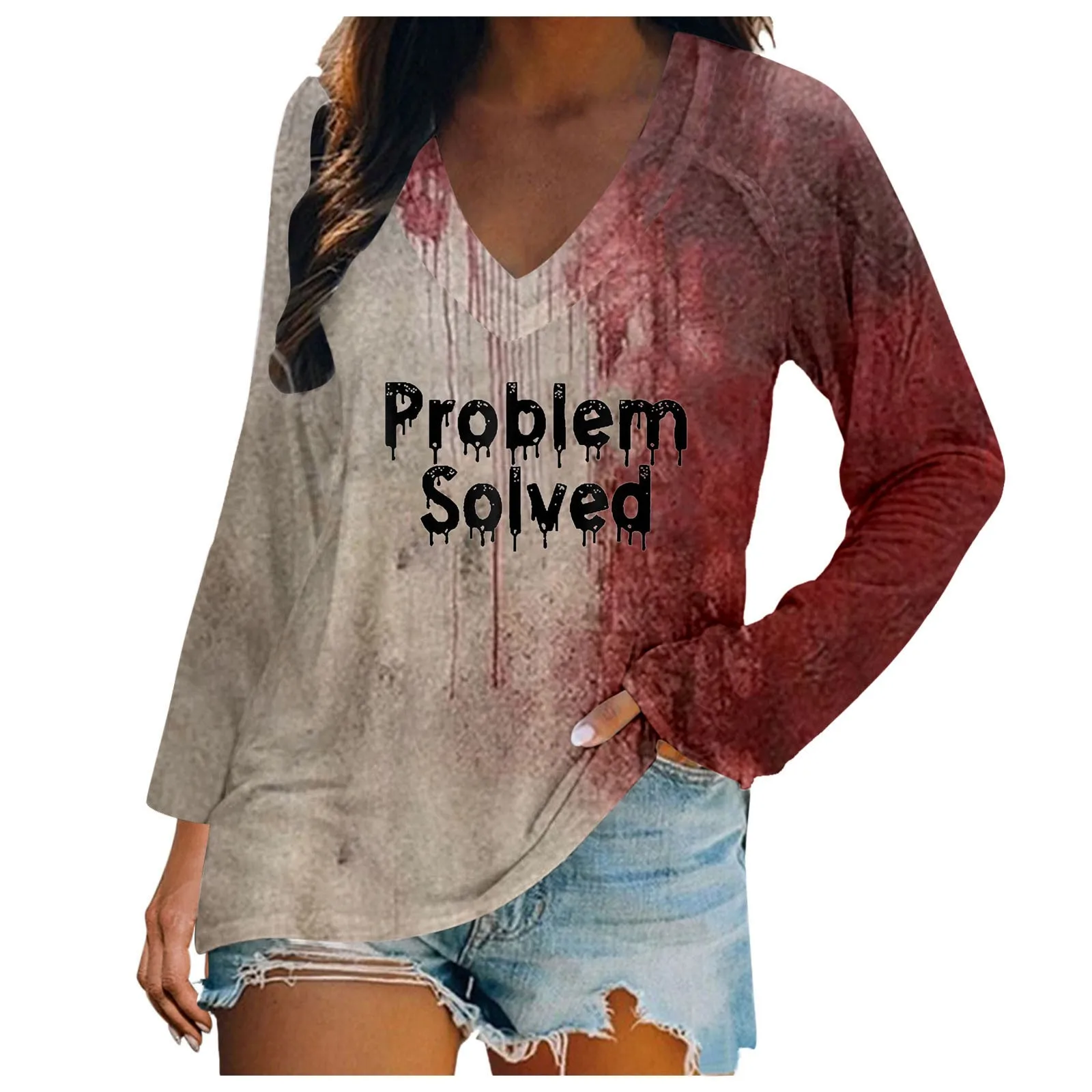 Back To School Anime Halloween Long Sleeve Women Top Trend Vintage Oversize Y2k Clothes Horror Bloodstain Graphic V-Neck T-Shirt