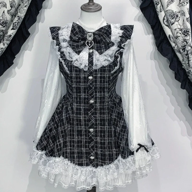 IMU Japanese Gothic Style Rhinestone Bow Dress Shorts Sets Women Kawaii Lace Long Sleeve Slim Plaid Shirt Dresses Lolita Y2k Out