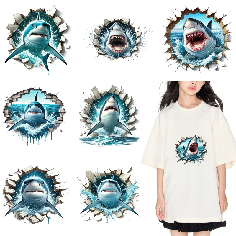 2PCS Shark Breakthrough Water Splash Design iron on patches DTF Patches for clothes Iron-on transfers for clothing heat
