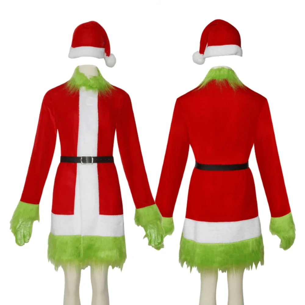 Christmas Green Fur Cosplay Costume Monster Santa Claus Disguise Red Suit Women Xmas Dress Halloween Carnival New Year Role Play