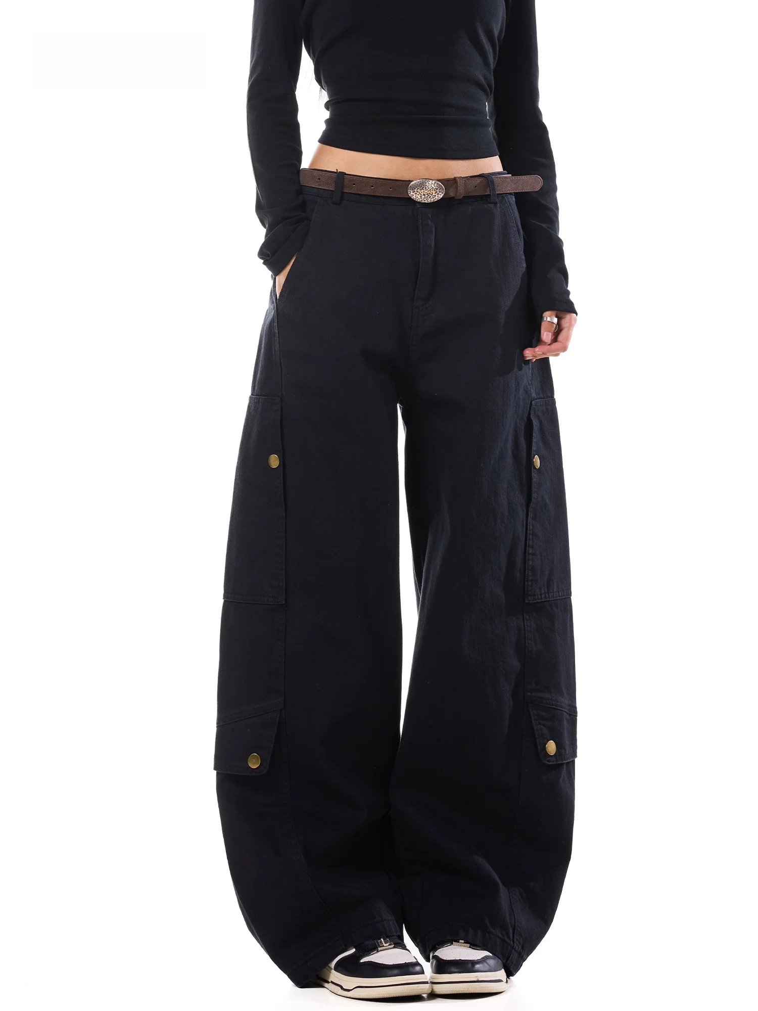 High Waist Wide Leg Black Cotton Casual Workwear Women's Pockets Multiple Rivet Loose Knife Pants American Style Pure Color