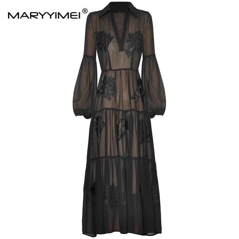 

MARYYIMEI Fashion Women's V-Neck Lantern Long Sleeve Embroidery Closed Waist In Perspective Flowing Big Swing Retro Style Dress