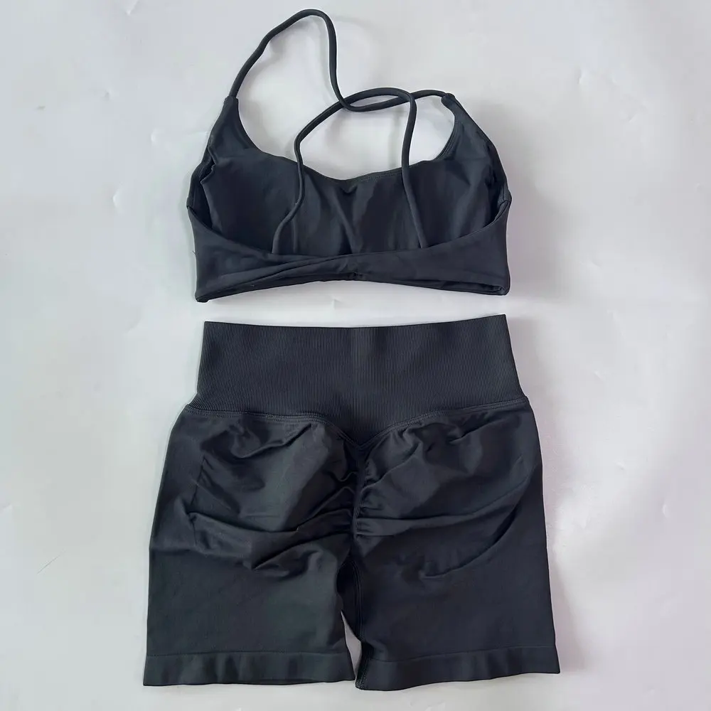 2-teiliges Set Damen-Outfit, nahtloser Yoga-BH mit Riemchen und Twist-Rücken, Scrunch-Shorts, Sportanzug, Fitness- und Gym-Kleidung, Yoga-Set – Detail 12