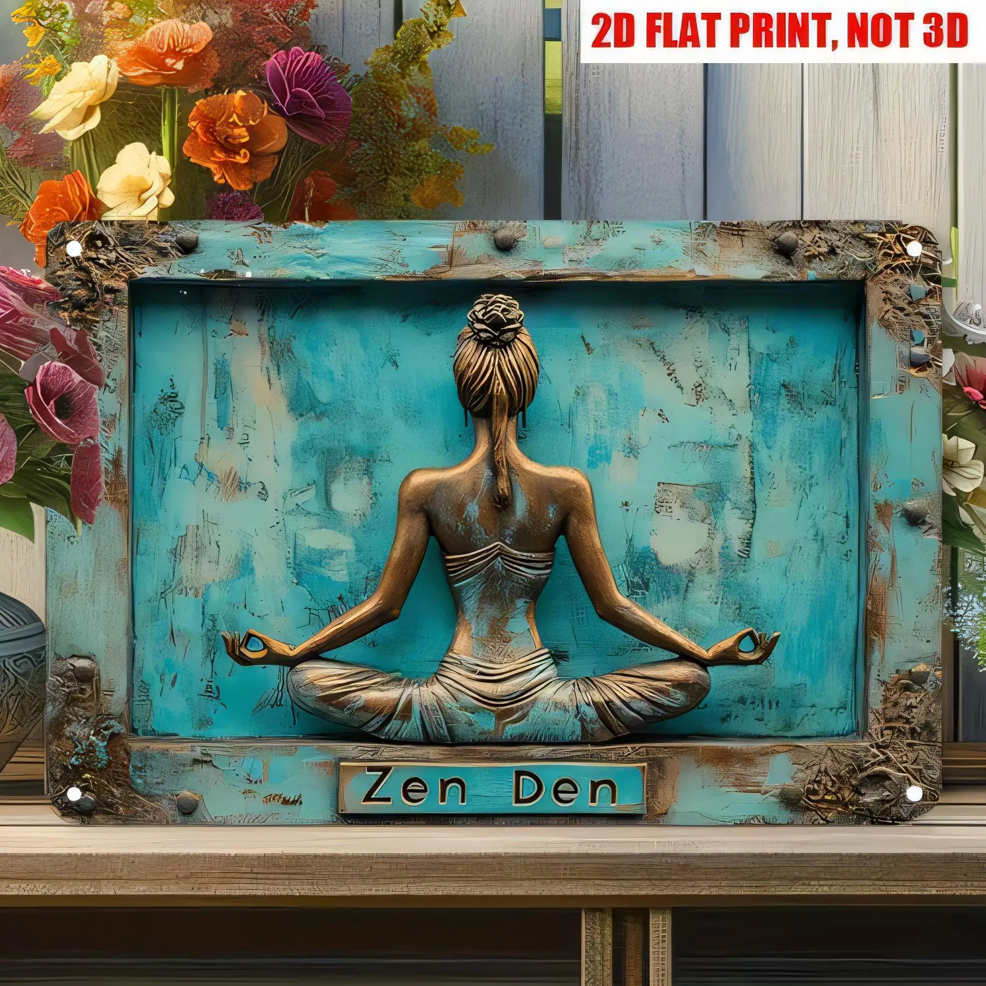 Tin Sign Zen Den Vintage Yoga Woman Meditating Buddha Wall Art 2D Metal Plaque Spiritual Calm Home Decor for Living Room Bedroom