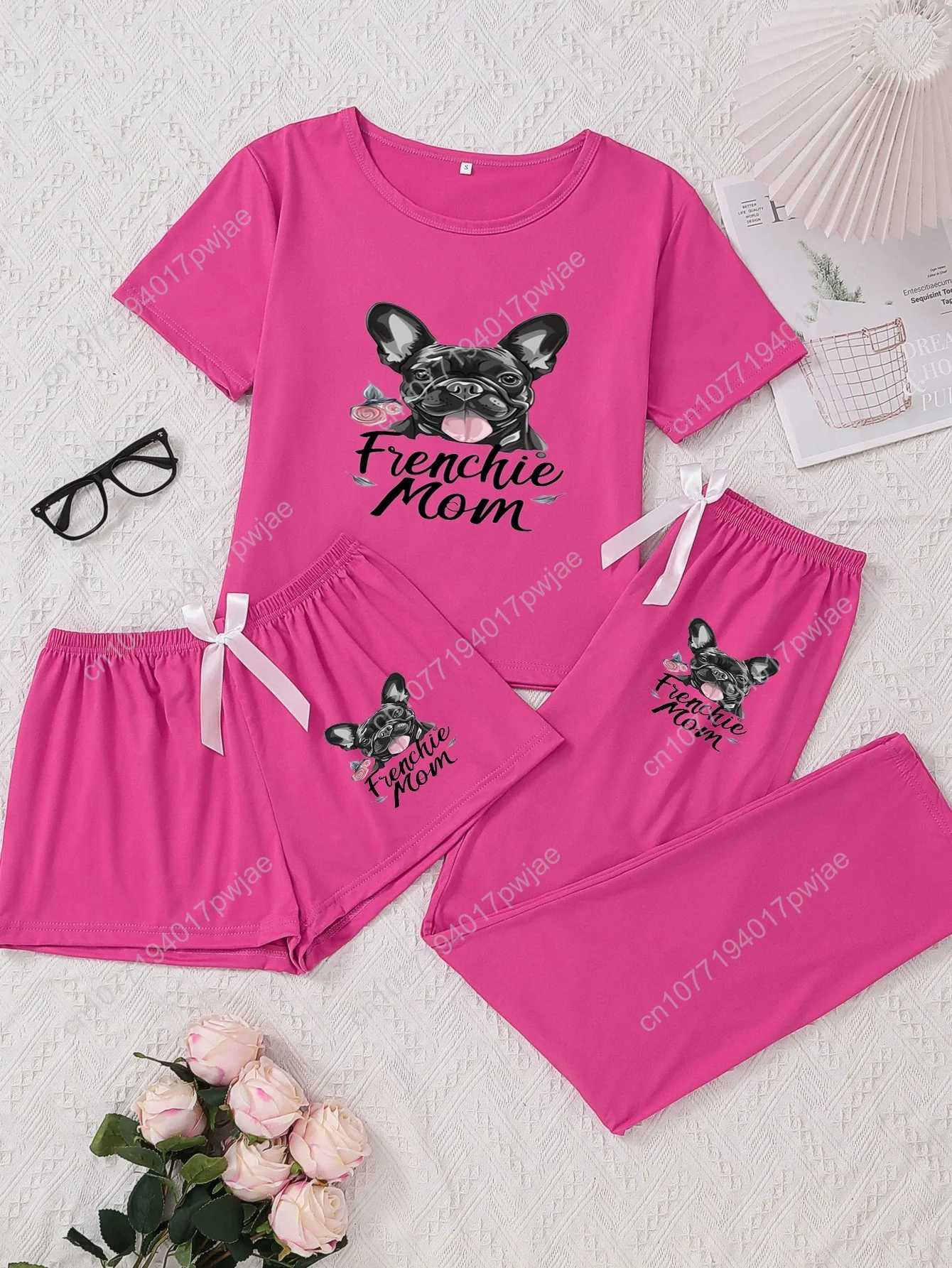 

Women's 3pcs French Bulldog Pajama Set/Frenchie Mom Print Matching with Ruffled Neckline & Drawstring Waist/Soft All-Season Loun