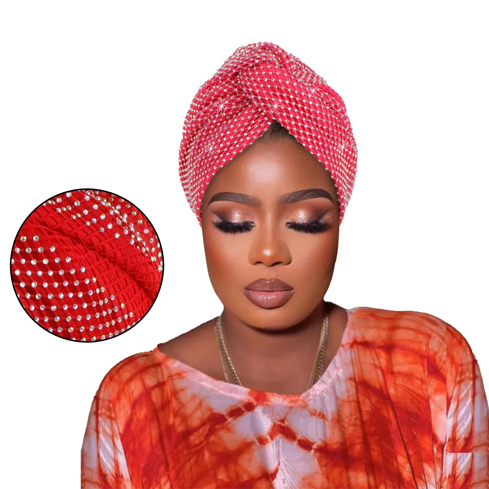 Full Body Rhinestones Mesh Women\'s Turban Cap Cross Twist Female Headscarf Bonnet African Head Wraps Lady Headwear Indian Hat