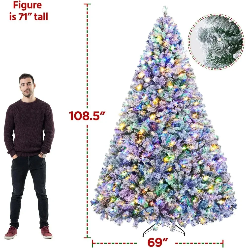 9ft Artificial Christmas Tree,Pre-lit Spruce,with 900 Multicolor LED Lights,2108 Branch Tips,Metal Stand,Christmas Tree