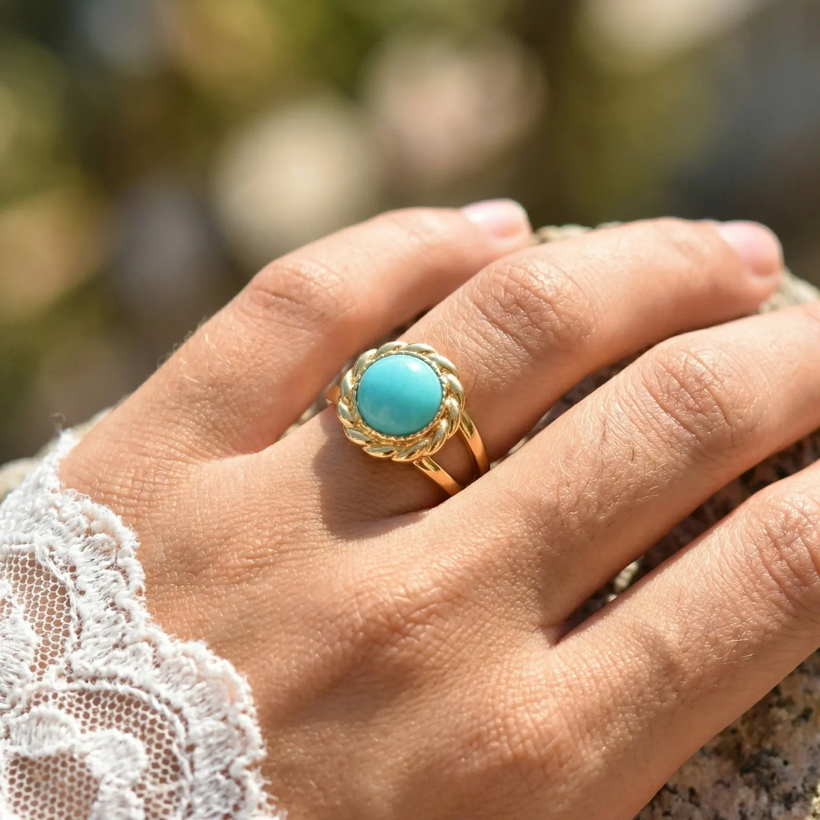 Turquoise Ring Vintage Flower Gold Plated Stainless Steel Open Ring for Women Non-Tarnish Statement Jewelry