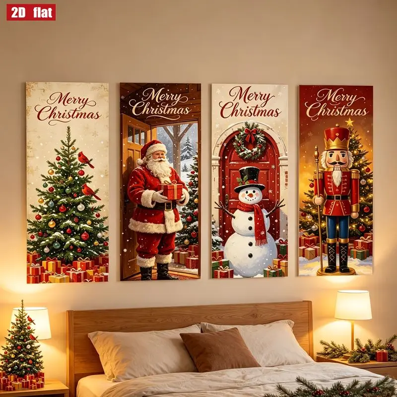 VIKAMA Cozy Christmas Wall Decor for Bedroom, 4 Pc Banner Cardinal Santa Snowman Nutcracker, Warm Holiday Wall Decor for Home