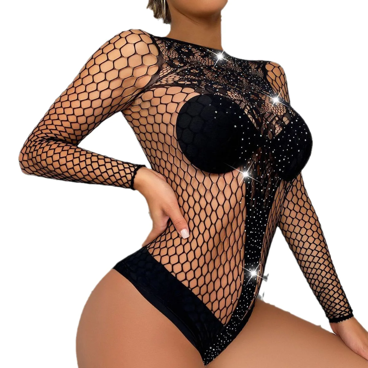 ملابس داخلية نسائية لامعة بالماس الساخن ، جوارب جسم شبكية بأكمام طويلة ، عبر الحدود