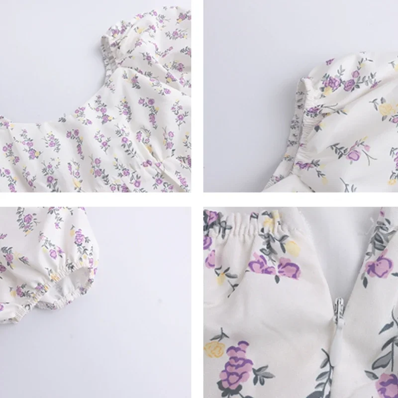 فستان قصير بأكمام منتفخة للنساء بتصميم مزهّر وكشكشة حلوة وخصر عالي أنيق للعطلات البناتية موضة الكلية فيستدوس دي موجر