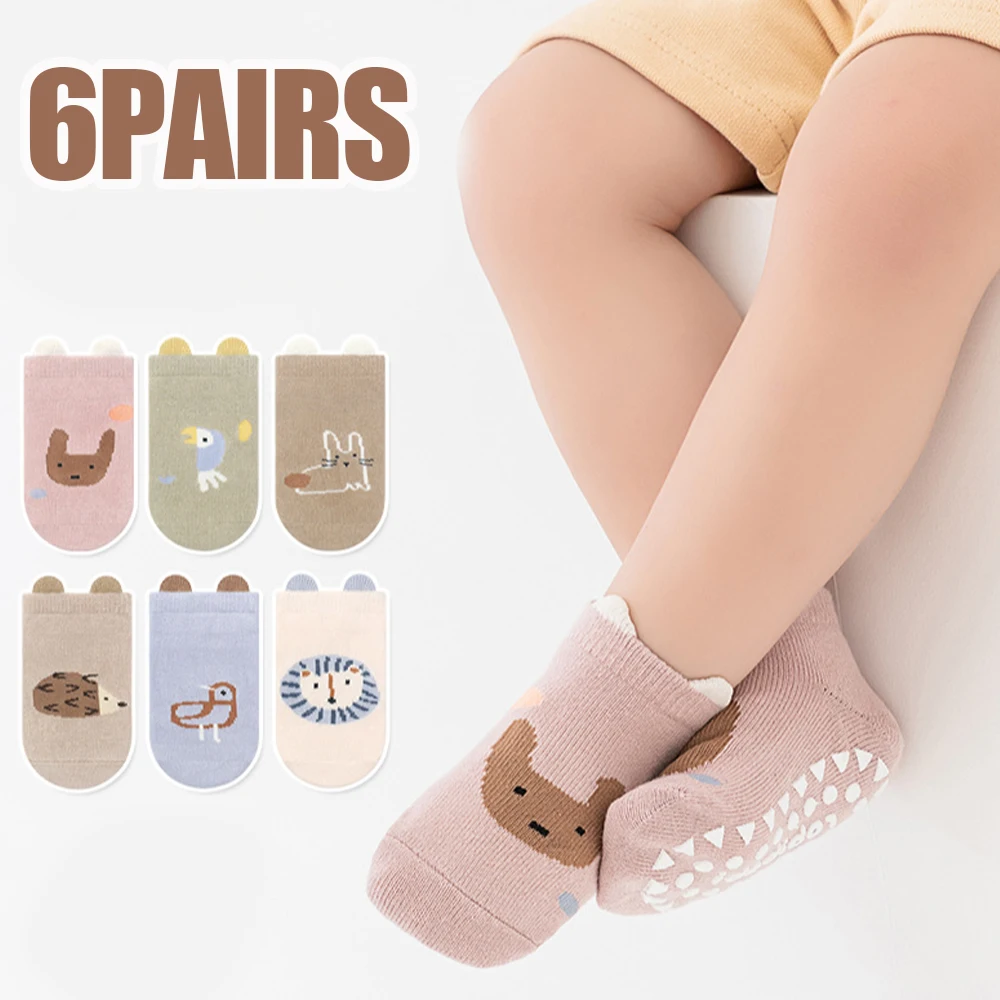 6 pairs of boys and girls' anti slip socks with cute cartoon animal patterns, comfortable and breathable baby floor socks