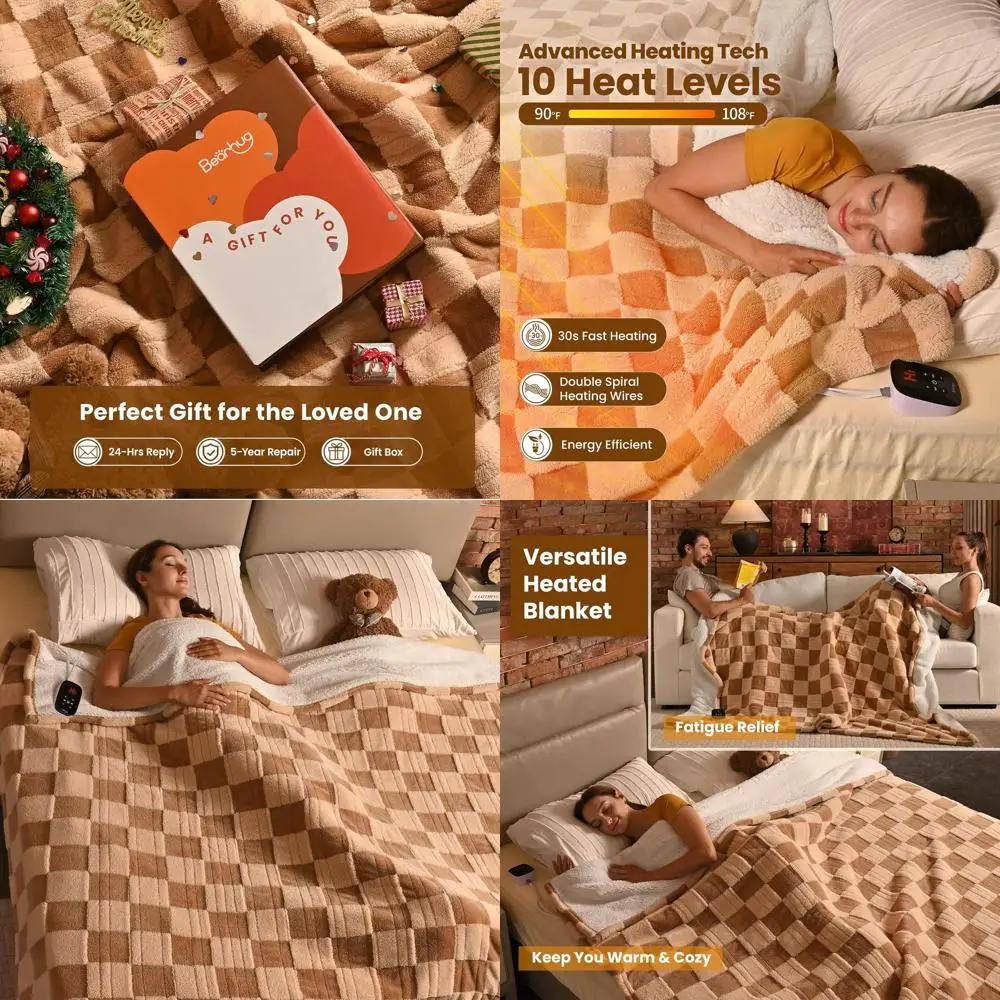 

Full Size 77 x 84 Reversible Brown Plaid Sherpa Electric Blanket with 10 Heat Levels, 1-12H Auto Off, Machine Washable, ETL Cert