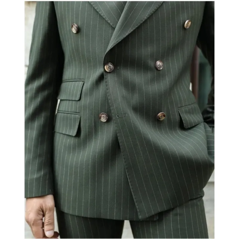 

Double Breasted Blazer Trousers Green Stripe Men'S Suit Sets Wedding Clothing Party Wear Tailored Costume Homme 2pcs Jacket Pant