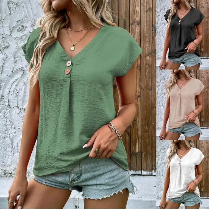 Women's Short Sleeve Button Twist Top Fashionable Casual Tee Short Sleeve Twist Button Women's T-shirt Ladies Fashion Top