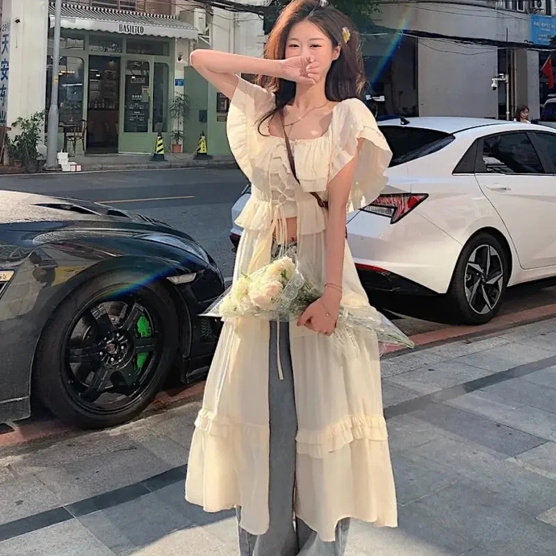 Women Ruffles Dress Y2K Sweet Slash Neck Vintage Hollow Out Long Skirt Summer Streetwear Holiday Bandage Dress Female New