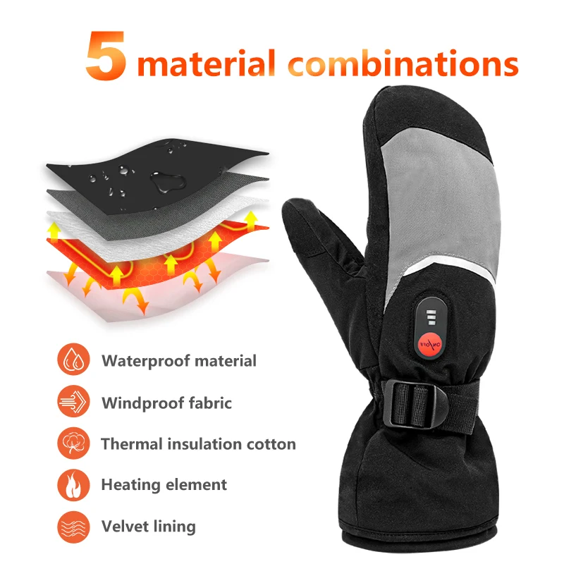 2026 Winterwarming Skiing Heated Mittens Black Adult Waterproof Anti slip Rechargeable Battery Heated Safety Gloves