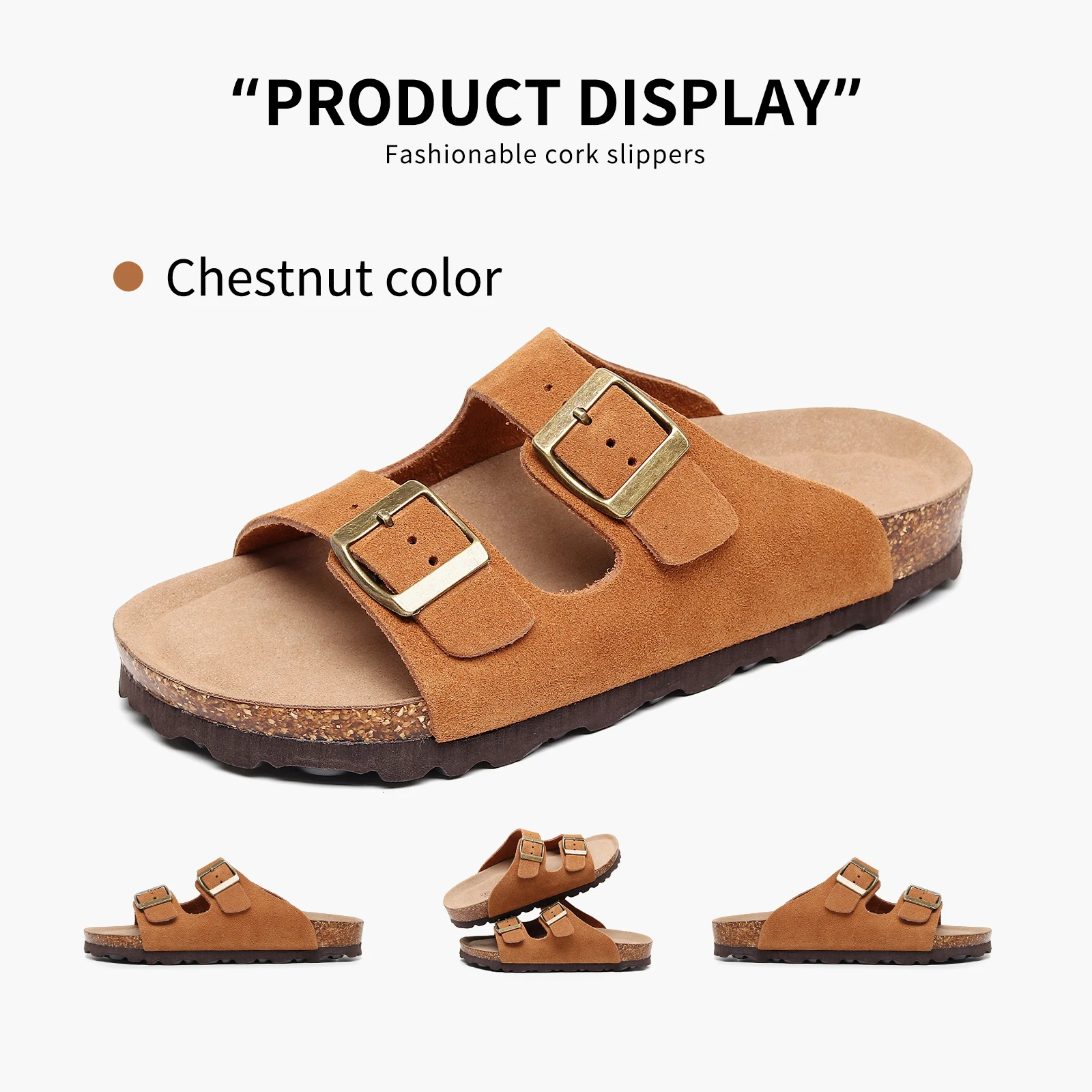 Birken Genuine Leather Women's Flat Slide Sandals - 2 Strap Design, Arch Support, Non-Slip, Cork Footbed, Slip-On Style