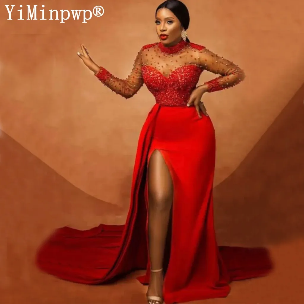 Aso Ebi Rote Meerjungfrau Abendkleider Langarm Side Split Perlen Perlen Illusion Afrika Formale Kleid robes de soriee Angepasst