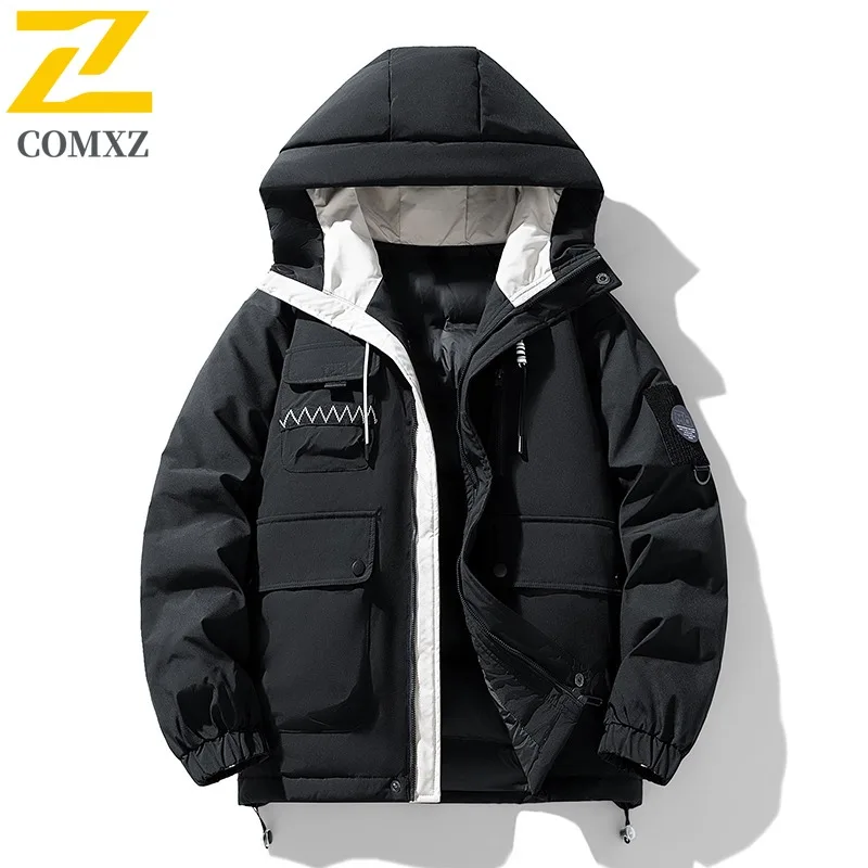 COMXZ ​Men Solid Color Hooded Cotton Jacket American Style  Winter Loose Fit Casual Warm Coat Windproof Thickened Outdoor Parka​