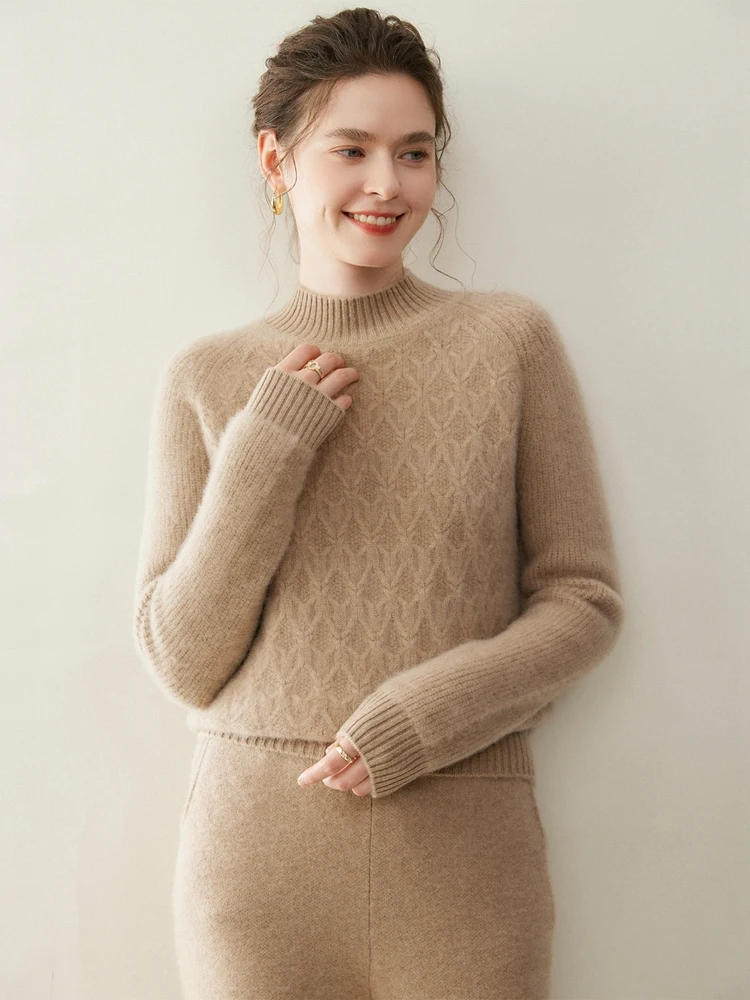 Thick Cable Stitch Autumn Winter Mock Neck Women's Soft Warm Long Sleeves Pullover Sweater 100% Cashmere Knitted Clothing Tops