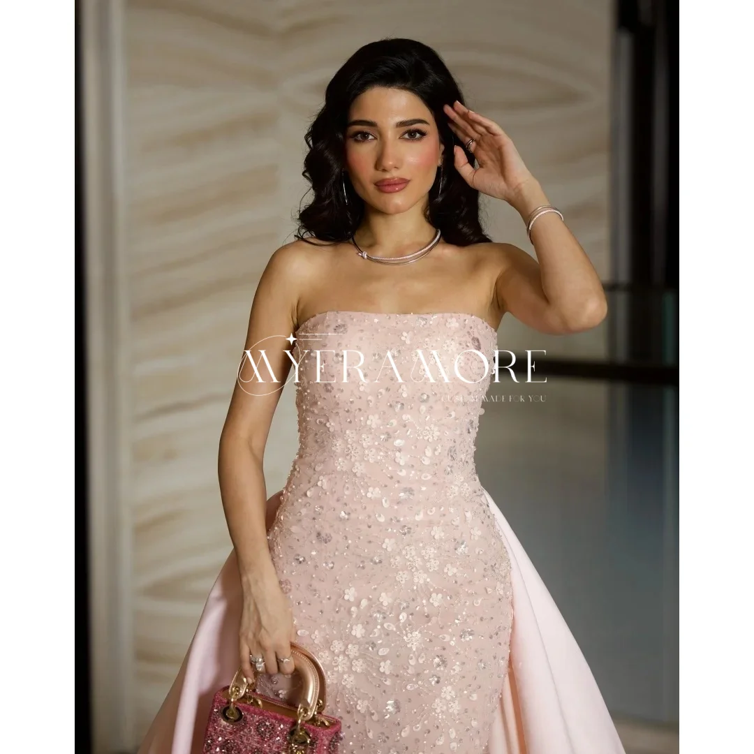 

Customized Pink Glitter Prom Dresses 2025 Detachable Train Beaded Flower Strapless Formal Dress Mermaid Dubai Cocktail Gown