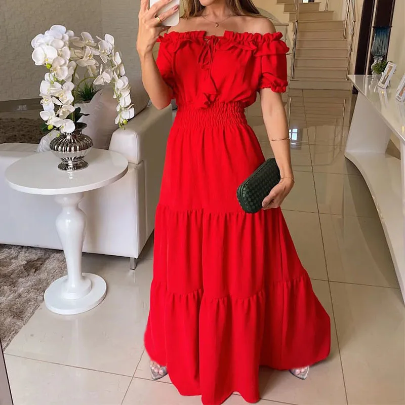 Women's Dress Fashion Lace up Decoration Temperament Ruffle Edge One line Neck Bubble Sleeve Waist Wrapped Dress Women's Robe