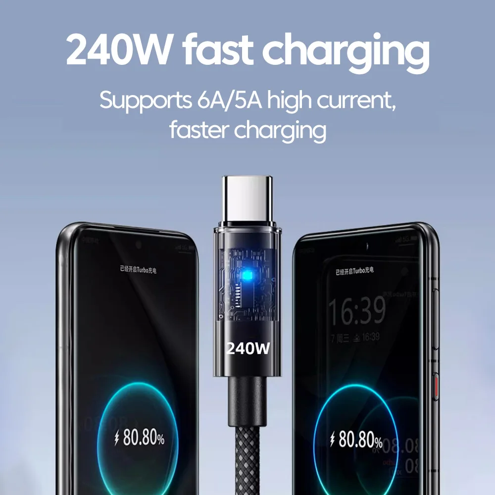 240W 6A USB to Type C Super Fast Charging Cable 25cm-2m LED PD C to C Mobile Phone Data Cable For iPhone 15 16 Samsung Xiaomi - Image 2