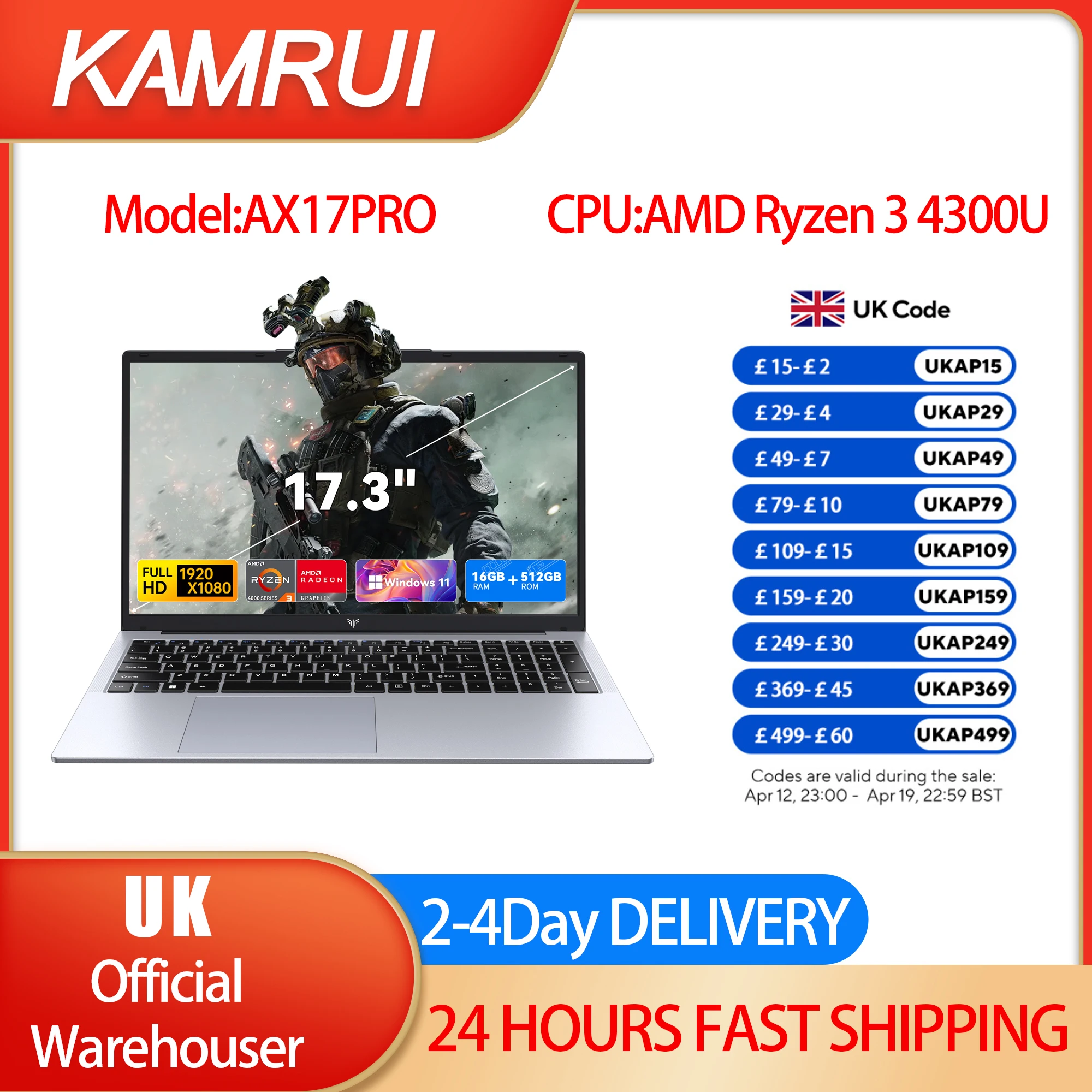 KAMRUI 17.3 AMD Ryzen 3 4300U Laptop 16GB DDR4 RAM 512GB SSD Lightweight Business Laptop Windows 11 Pro Ordenadores Portátiles
