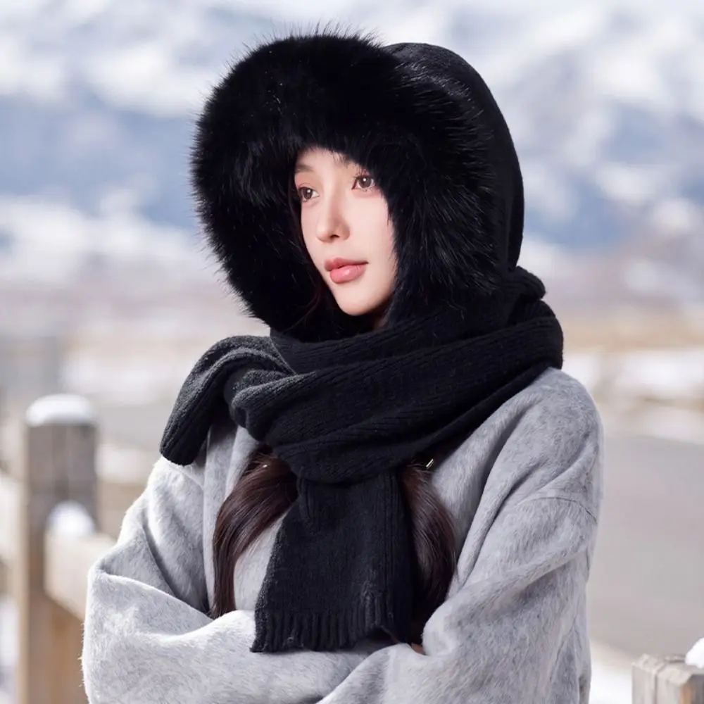 Niedliche Wollmischung Strickmütze Balaclava Mütze mit Kapuze und Schal Warme Einfarbige Mütze und Schal 2-in-1 Winter/Herbst – Detail 3