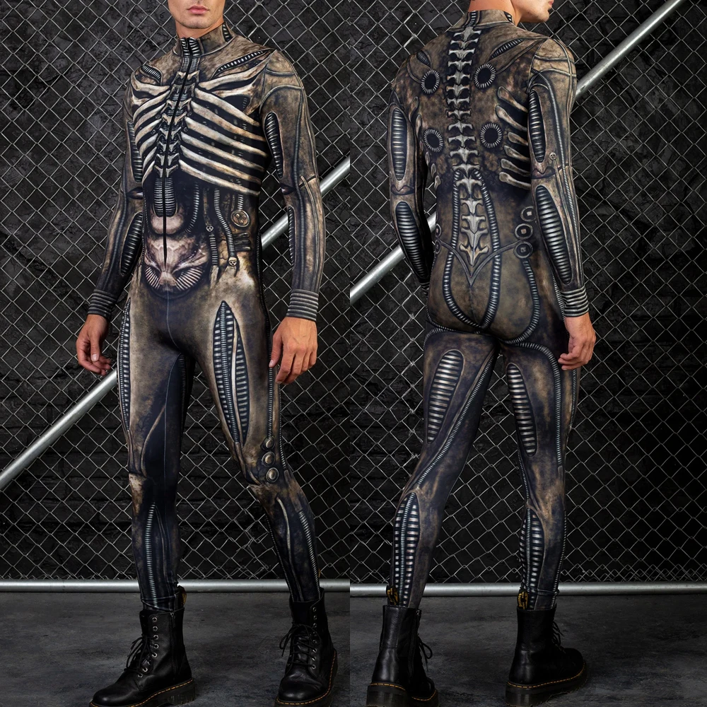 VIP FASHION Men Skeleton Costume Front Zipper Carnival Purim Zentai Suit Zombie Jumpsuit Funny Bodysuit Festival Party Clothes