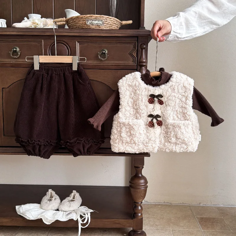 Childrens Set Autumn Winter Thickened New Fashionable Cherry Vest Brown Sweater with Velvet Pants Three Piece Set Daily Casual