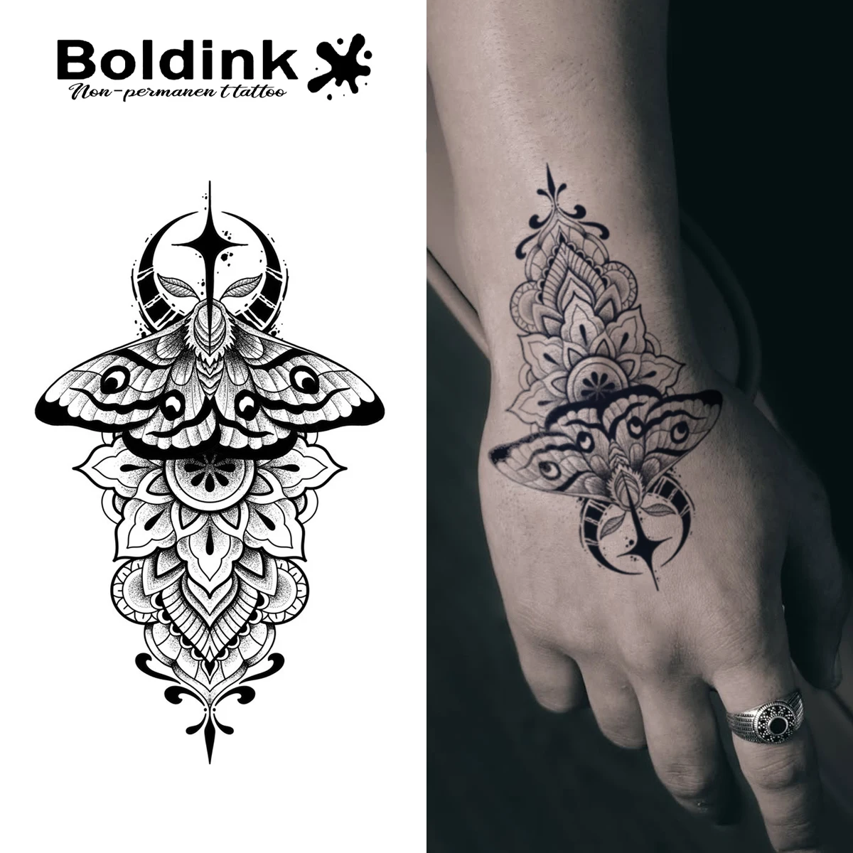 

Boldink non-permanent tattoo technology Meniscus moth inspired design waterproof and easy to use, lasting 1-2 weeks.