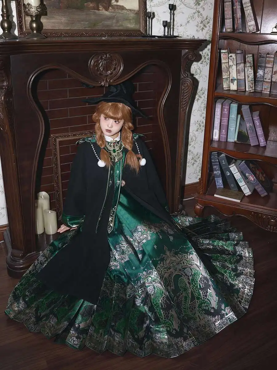 

New Snake Hanfu New Year War Robe Round The World Bow Pocket Sleeve Horse-face Skirt Cos Cosplay Halloween Cloak Green Black