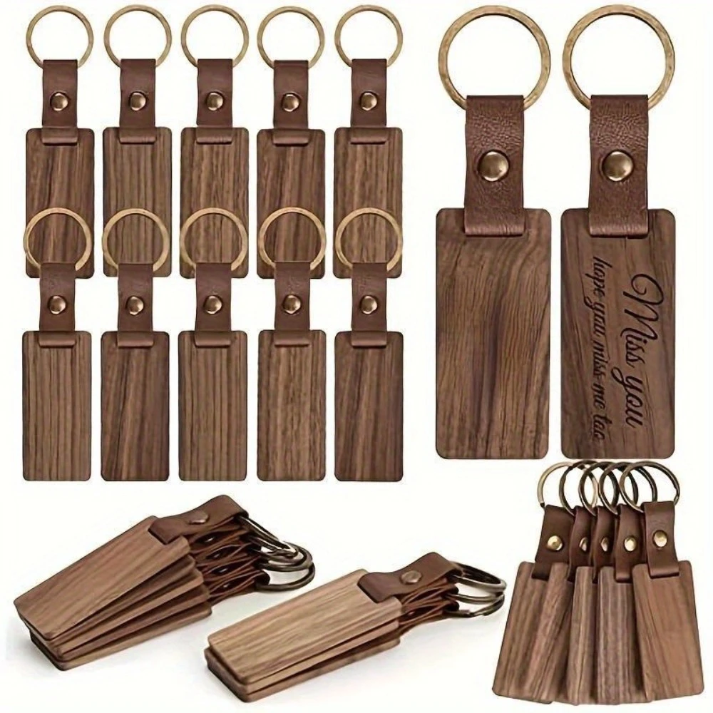 Custom Text Solid Wood Leather Keychain, Personalized Name Key Ring